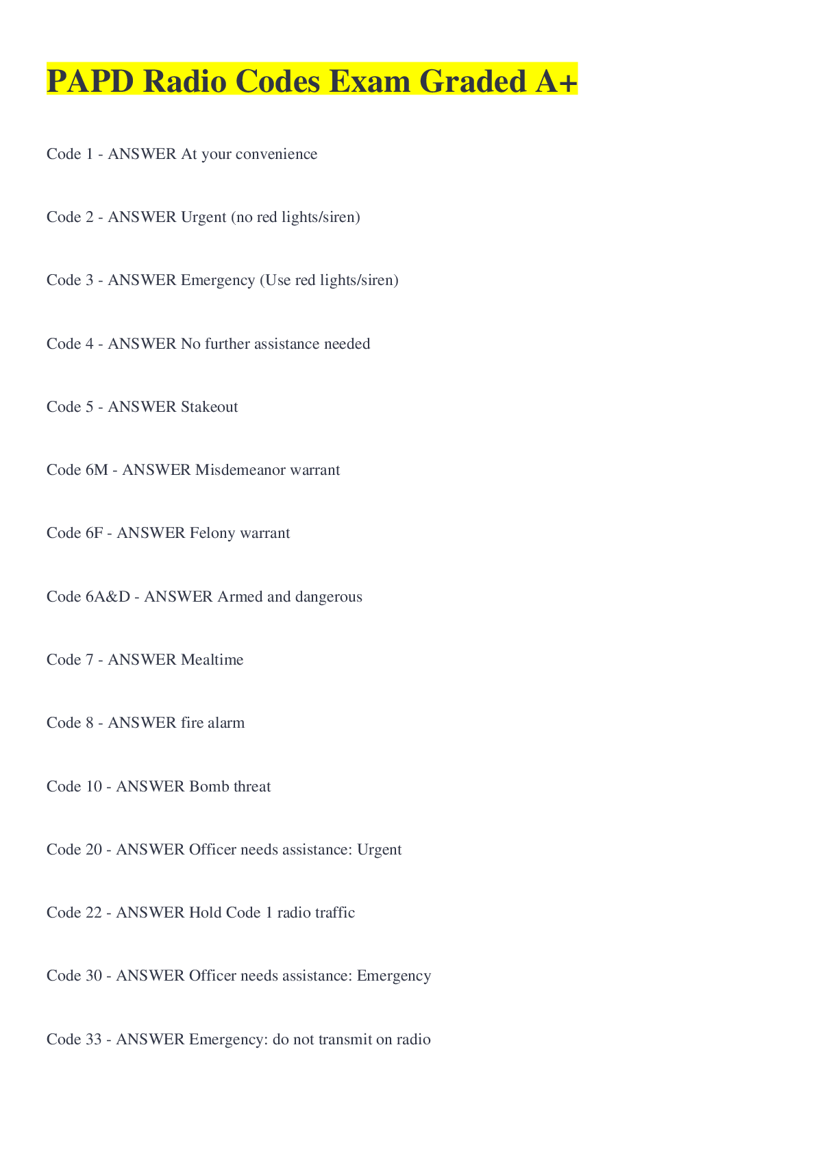 Preview image of PAPD Radio Codes Exam Graded A+ document